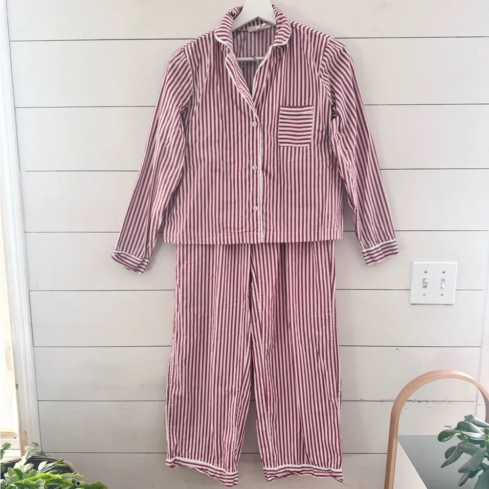 Happily Grey Striped Long Sleeve Button Up Cotton Pajama Set Sz Small